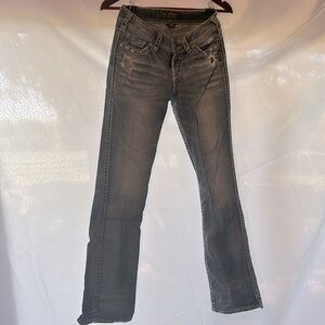 Silver bootcut low rise jeans, size W27xL33